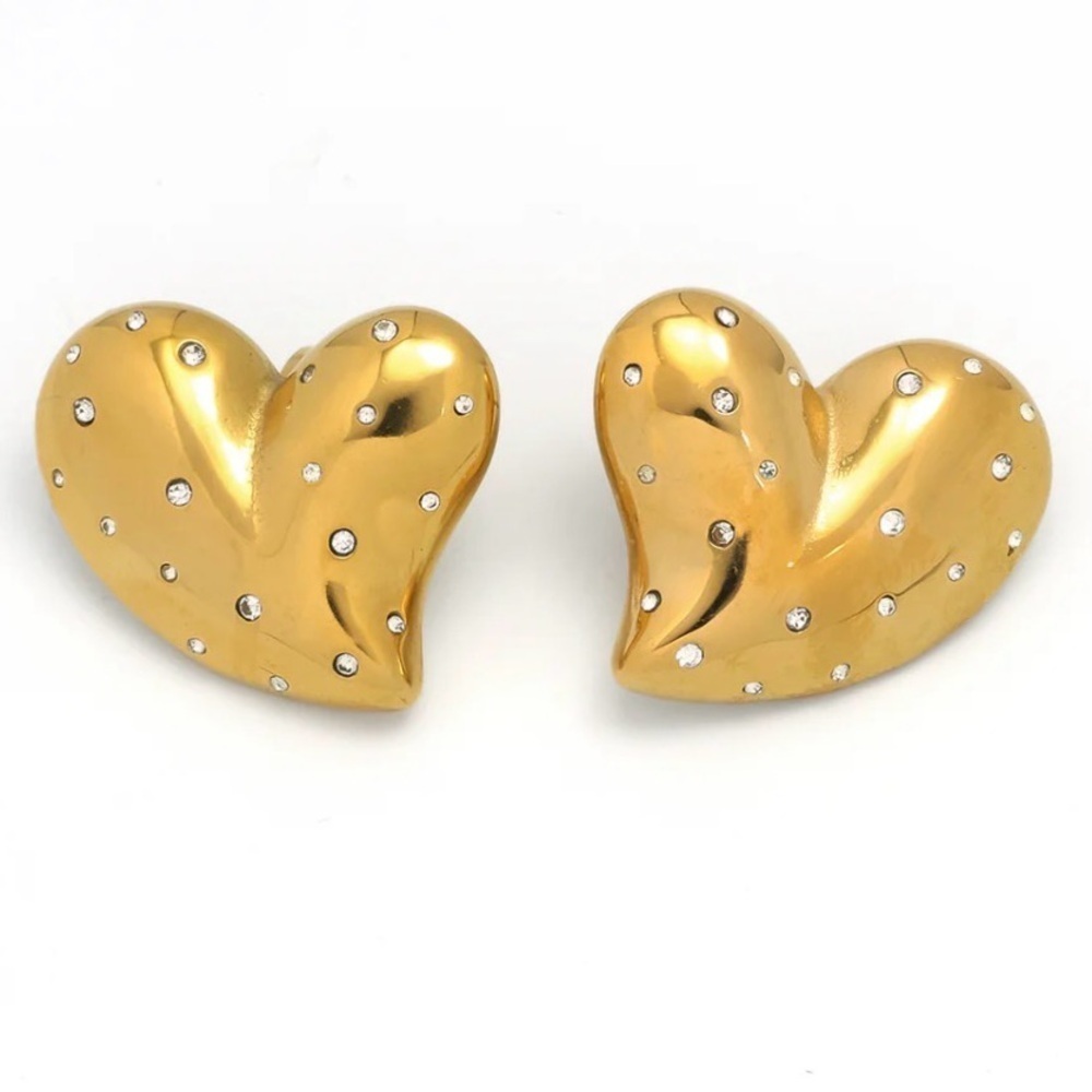 Gold Puffy Large CZ Heart Earrings (7025)